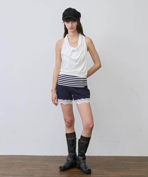 Rohwel（ローウェル）の「Lace Trim Border Sweat Shorts /<セットアップ対応>レーストリムボーダースウェットショートパンツ（その他パンツ・レディース・ネイビー/ブラック/グレー・FREE）」の6枚目の写真
