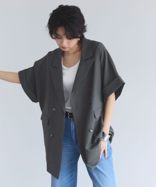 RASW（ラス）の「[RASW]リネンライクハーフスリーブジャケット（テーラードジャケット・レディース・チャコール/ベージュ系その他・L/M/S）」の6枚目の写真