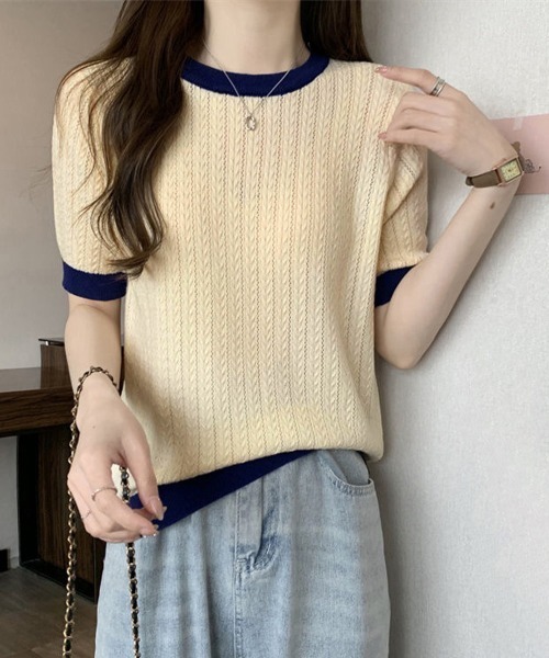 Miniministore(ミニミニストア)の「透かし編み 半袖サマーニット レディース(Tシャツ/カットソー・レディース・ベージュ/イエロー×グリーン/ピンク/ブルー/モカ/ホワイト/ブラック・FREE)」の4枚目の写真