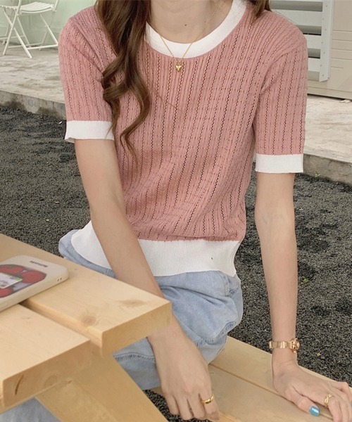 Miniministore(ミニミニストア)の「透かし編み 半袖サマーニット レディース(Tシャツ/カットソー・レディース・ベージュ/イエロー×グリーン/ピンク/ブルー/モカ/ホワイト/ブラック・FREE)」の7枚目の写真