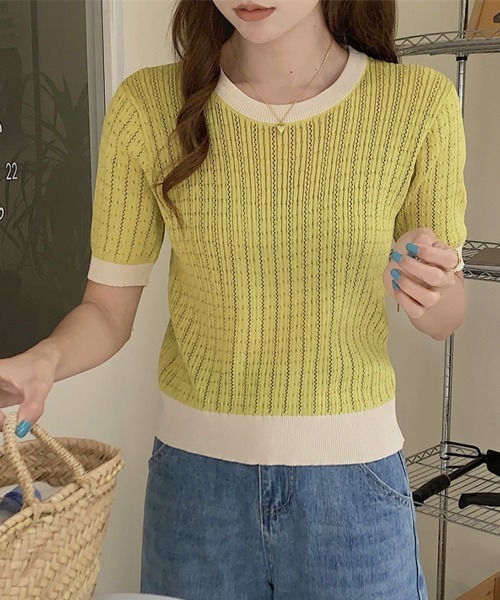 Miniministore(ミニミニストア)の「透かし編み 半袖サマーニット レディース(Tシャツ/カットソー・レディース・ベージュ/イエロー×グリーン/ピンク/ブルー/モカ/ホワイト/ブラック・FREE)」の6枚目の写真