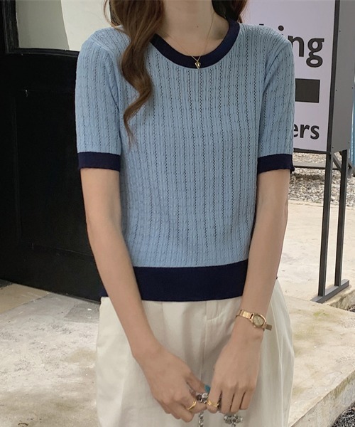 Miniministore(ミニミニストア)の「透かし編み 半袖サマーニット レディース(Tシャツ/カットソー・レディース・ベージュ/イエロー×グリーン/ピンク/ブルー/モカ/ホワイト/ブラック・FREE)」の5枚目の写真