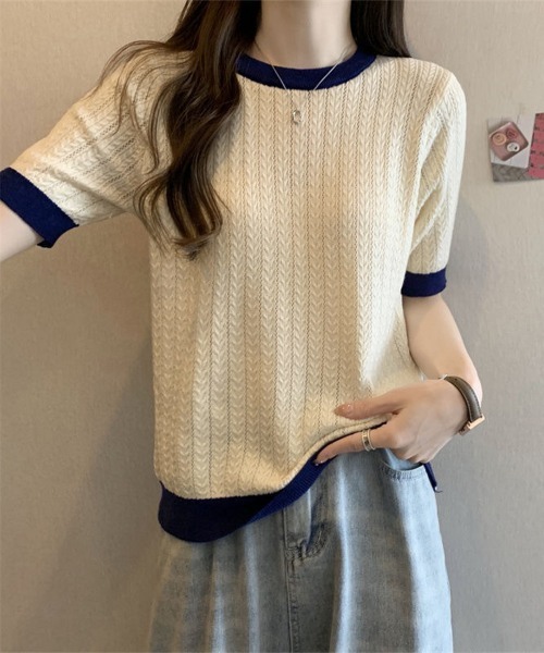 Miniministore(ミニミニストア)の「透かし編み 半袖サマーニット レディース(Tシャツ/カットソー・レディース・ベージュ/イエロー×グリーン/ピンク/ブルー/モカ/ホワイト/ブラック・FREE)」の8枚目の写真