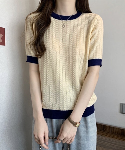 Miniministore(ミニミニストア)の「透かし編み 半袖サマーニット レディース(Tシャツ/カットソー・レディース・ベージュ/イエロー×グリーン/ピンク/ブルー/モカ/ホワイト/ブラック・FREE)」の9枚目の写真
