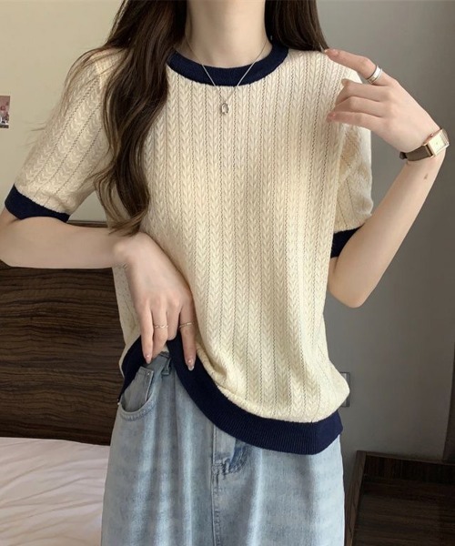 Miniministore(ミニミニストア)の「透かし編み 半袖サマーニット レディース(Tシャツ/カットソー・レディース・ベージュ/イエロー×グリーン/ピンク/ブルー/モカ/ホワイト/ブラック・FREE)」の10枚目の写真