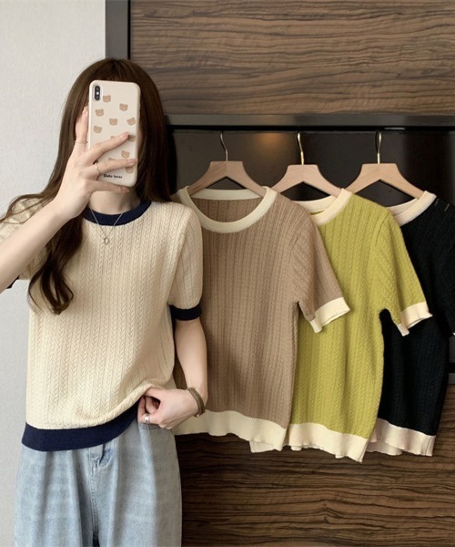 Miniministore(ミニミニストア)の「透かし編み 半袖サマーニット レディース(Tシャツ/カットソー・レディース・ベージュ/イエロー×グリーン/ピンク/ブルー/モカ/ホワイト/ブラック・FREE)」の11枚目の写真