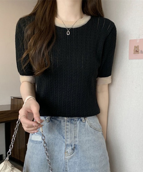 Miniministore(ミニミニストア)の「透かし編み 半袖サマーニット レディース(Tシャツ/カットソー・レディース・ベージュ/イエロー×グリーン/ピンク/ブルー/モカ/ホワイト/ブラック・FREE)」の12枚目の写真