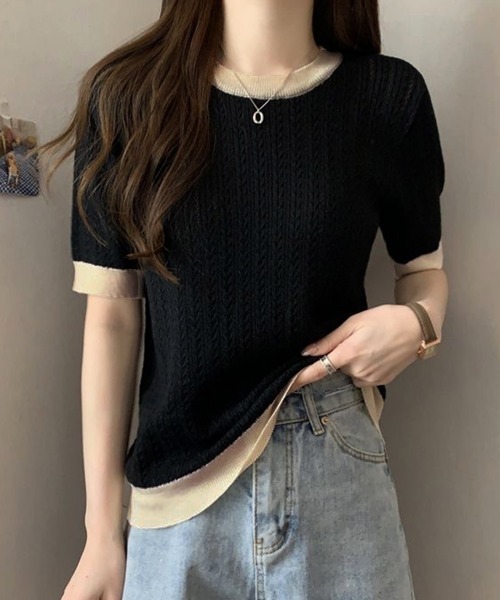 Miniministore(ミニミニストア)の「透かし編み 半袖サマーニット レディース(Tシャツ/カットソー・レディース・ベージュ/イエロー×グリーン/ピンク/ブルー/モカ/ホワイト/ブラック・FREE)」の13枚目の写真