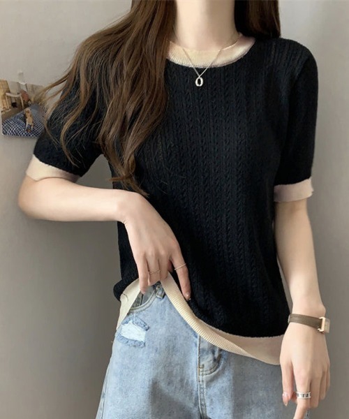 Miniministore(ミニミニストア)の「透かし編み 半袖サマーニット レディース(Tシャツ/カットソー・レディース・ベージュ/イエロー×グリーン/ピンク/ブルー/モカ/ホワイト/ブラック・FREE)」の14枚目の写真