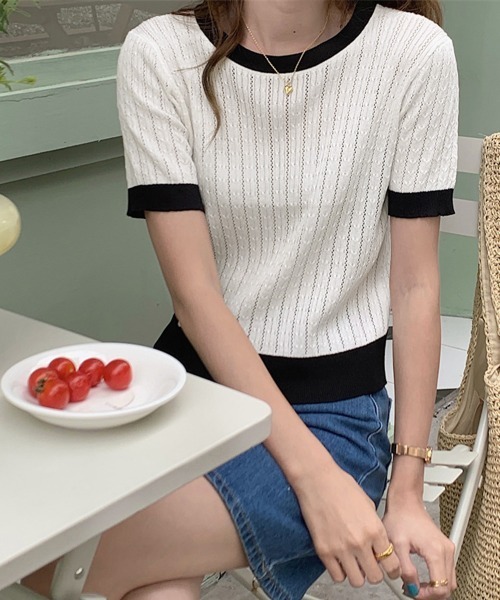 Miniministore(ミニミニストア)の「透かし編み 半袖サマーニット レディース(Tシャツ/カットソー・レディース・ベージュ/イエロー×グリーン/ピンク/ブルー/モカ/ホワイト/ブラック・FREE)」の15枚目の写真