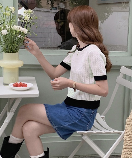 Miniministore(ミニミニストア)の「透かし編み 半袖サマーニット レディース(Tシャツ/カットソー・レディース・ベージュ/イエロー×グリーン/ピンク/ブルー/モカ/ホワイト/ブラック・FREE)」の16枚目の写真
