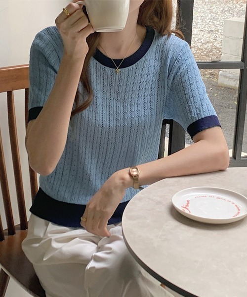 Miniministore(ミニミニストア)の「透かし編み 半袖サマーニット レディース(Tシャツ/カットソー・レディース・ベージュ/イエロー×グリーン/ピンク/ブルー/モカ/ホワイト/ブラック・FREE)」の18枚目の写真