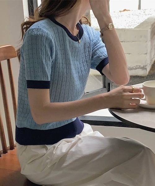 Miniministore(ミニミニストア)の「透かし編み 半袖サマーニット レディース(Tシャツ/カットソー・レディース・ベージュ/イエロー×グリーン/ピンク/ブルー/モカ/ホワイト/ブラック・FREE)」の19枚目の写真