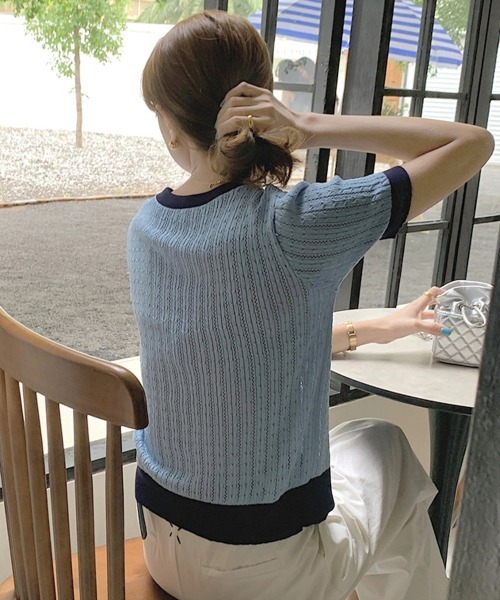 Miniministore(ミニミニストア)の「透かし編み 半袖サマーニット レディース(Tシャツ/カットソー・レディース・ベージュ/イエロー×グリーン/ピンク/ブルー/モカ/ホワイト/ブラック・FREE)」の20枚目の写真