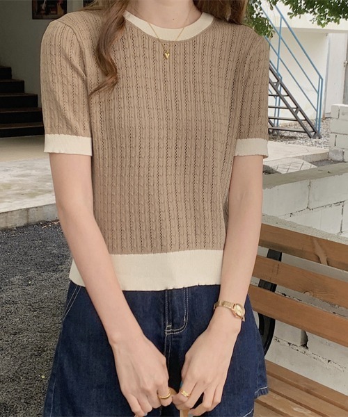 Miniministore(ミニミニストア)の「透かし編み 半袖サマーニット レディース(Tシャツ/カットソー・レディース・ベージュ/イエロー×グリーン/ピンク/ブルー/モカ/ホワイト/ブラック・FREE)」の21枚目の写真