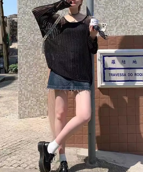 ampm(エーエムピーエム)の「ルーズメッシュサマーニット(Tシャツ/カットソー・レディース・ホワイト/ブラック・M/S)」の4枚目の写真