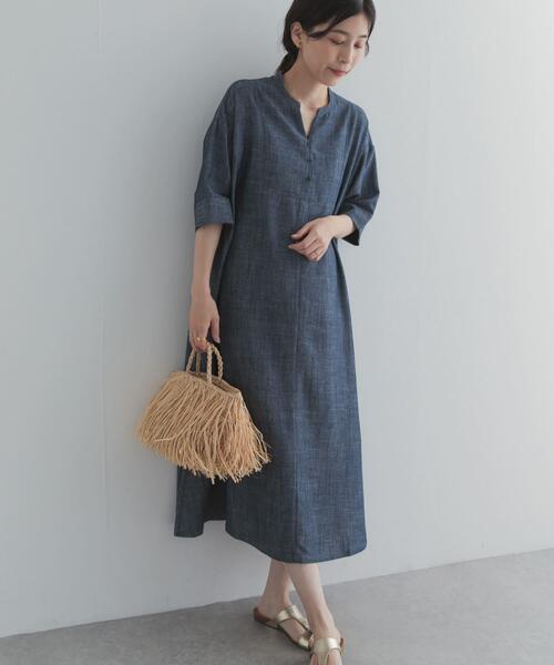 URBAN RESEARCH DOORS(アーバンリサーチドアーズ)の「リネン混5分袖ミディワンピース(ワンピース・レディース・ブラック/インディゴブルー・FREE)」の13枚目の写真