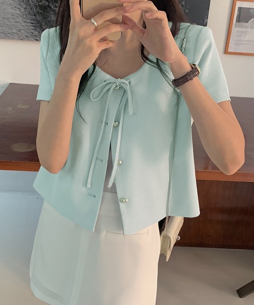Girly Doll(ガーリードール)の「フロントリボンハートボタンノーカラージャケット(その他アウター・レディース・ブルー/オフホワイト・FREE)」の12枚目の写真