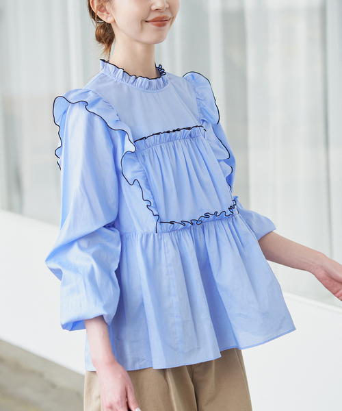 SLOBE IENA(スローブイエナ)の「バイカラーフリルブラウス(シャツ/ブラウス・レディース・サックスブルー/ブラック/ブラウン・FREE)」の8枚目の写真