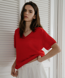 KNOWNBETTER（ノウンベター）の「V-neck half paper knit [KNSS10KN07]_Red（ニット/セーター）」