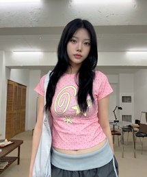 キッチシンボルプリントドットスリムフィット半袖Tシャツピンク