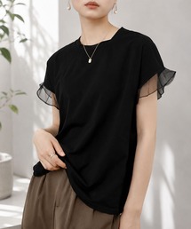 大人も取り入れやすい可愛さ◎二の腕気にならない♪ チュールフリルスリーブ半袖Tシャツ