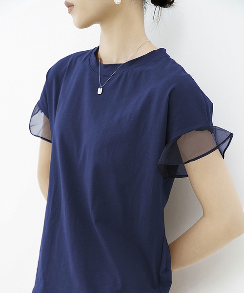 Amulet(アミュレット)の「大人も取り入れやすい可愛さ◎二の腕気にならない♪ チュールフリルスリーブ半袖Tシャツ(Tシャツ/カットソー・レディース・ネイビー/ブラウン/グレー/ホワイト/ブラック/ピンク・S/M)」の10枚目の写真