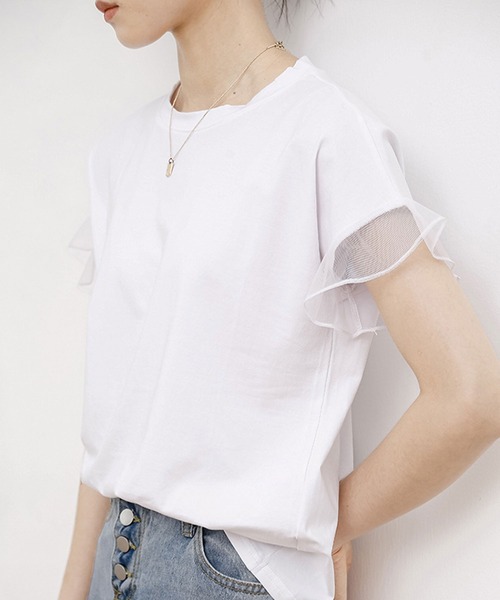 Amulet(アミュレット)の「大人も取り入れやすい可愛さ◎二の腕気にならない♪ チュールフリルスリーブ半袖Tシャツ(Tシャツ/カットソー・レディース・ネイビー/ブラウン/グレー/ホワイト/ブラック/ピンク・S/M)」の20枚目の写真