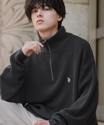新色追加 U.S. POLO ASSN. ユーエスポロアッスン 別注コラボオーバーサイズワンポイントロゴ刺繍畦編みハーフジップ長袖ニットセーター