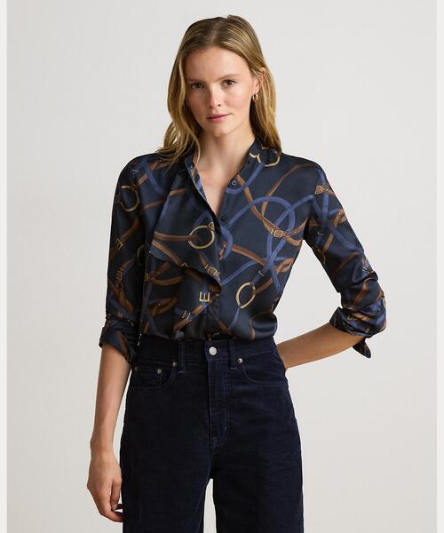 LAUREN RALPH LAUREN(ローレン ラルフ ローレン)の「ベルティングプリント フリルトリム ツイル シャツ(シャツ/ブラウス・レディース・ネイビー系1・XS/S/M/L)」の1枚目の写真