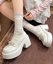 パールモチーフ 厚底チャンキーヒールローファー