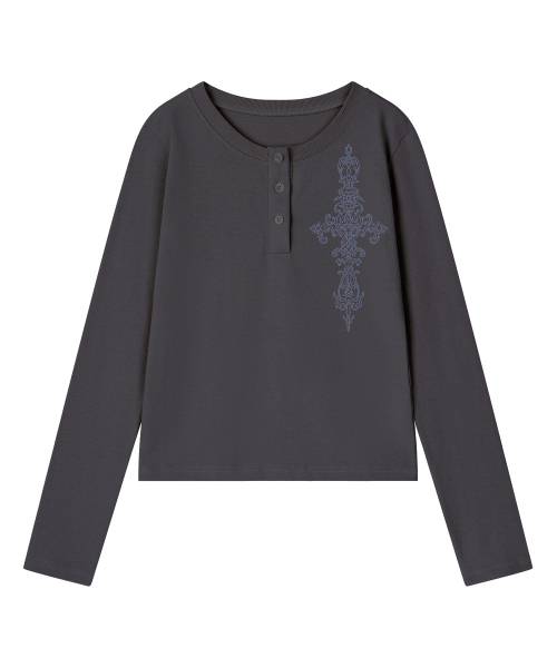 GRAVER ORDINARY（グレイバーオーディナリー）の「[ODNR UNISEX]SIM CROSS ヘンリーネック ロングスリーブ Tシャツ_3color（Tシャツ/カットソー・レディース・ベージュ/ブラック/チャコールグレー・M/LARGE）」の18枚目の写真