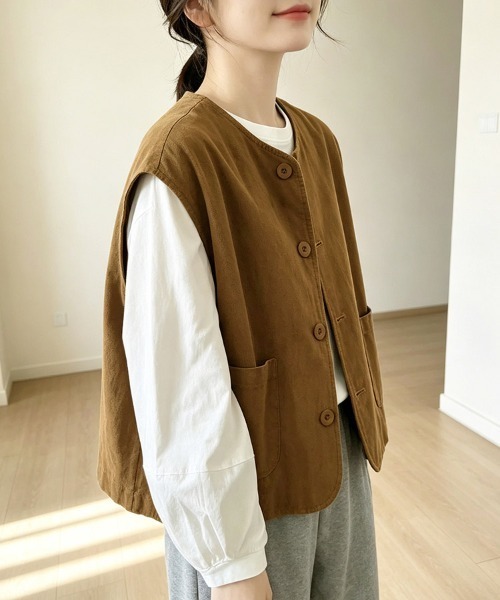 ONEP STAR(ワンピスター)の「ノーカラーボタンデザインベスト(ベスト・レディース・ブラック/ベージュ/カーキ・MEDIUM/LARGE/X-LARGE)」の3枚目の写真