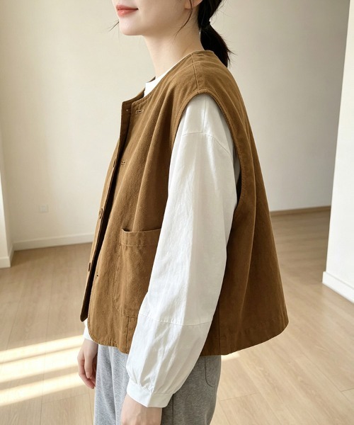 ONEP STAR(ワンピスター)の「ノーカラーボタンデザインベスト(ベスト・レディース・ブラック/ベージュ/カーキ・MEDIUM/LARGE/X-LARGE)」の5枚目の写真