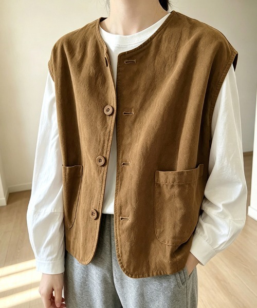ONEP STAR(ワンピスター)の「ノーカラーボタンデザインベスト(ベスト・レディース・ブラック/ベージュ/カーキ・MEDIUM/LARGE/X-LARGE)」の6枚目の写真