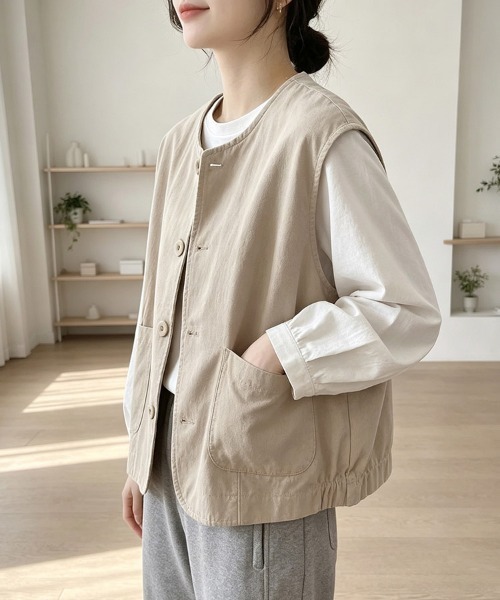 ONEP STAR(ワンピスター)の「ノーカラーボタンデザインベスト(ベスト・レディース・ブラック/ベージュ/カーキ・MEDIUM/LARGE/X-LARGE)」の10枚目の写真