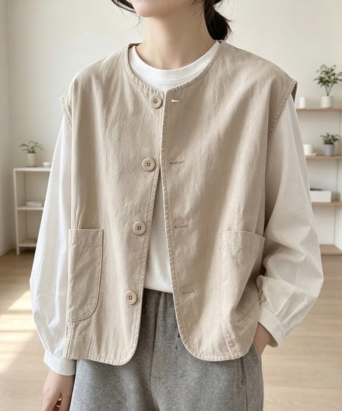 ONEP STAR(ワンピスター)の「ノーカラーボタンデザインベスト(ベスト・レディース・ブラック/ベージュ/カーキ・MEDIUM/LARGE/X-LARGE)」の11枚目の写真