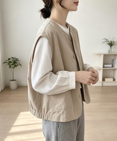 ONEP STAR(ワンピスター)の「ノーカラーボタンデザインベスト(ベスト・レディース・ブラック/ベージュ/カーキ・MEDIUM/LARGE/X-LARGE)」の12枚目の写真