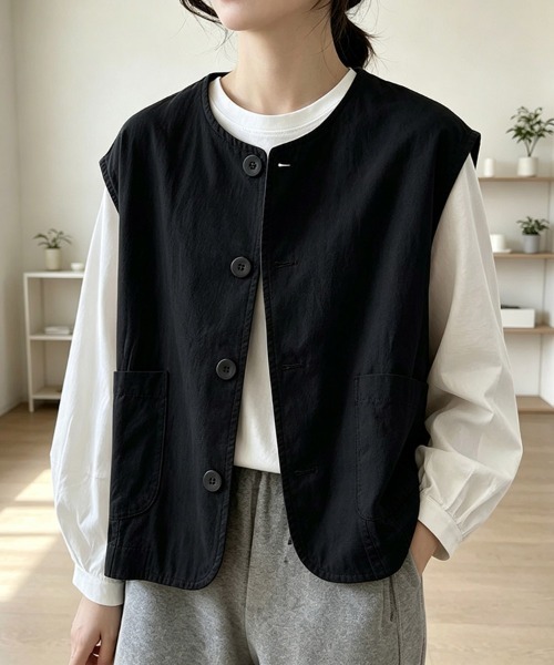ONEP STAR(ワンピスター)の「ノーカラーボタンデザインベスト(ベスト・レディース・ブラック/ベージュ/カーキ・MEDIUM/LARGE/X-LARGE)」の14枚目の写真