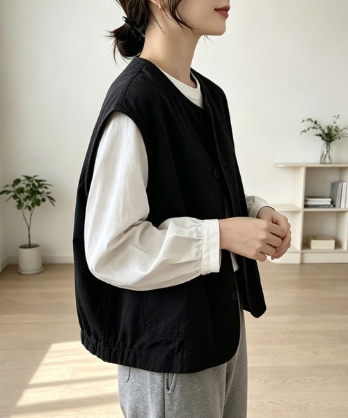 ONEP STAR(ワンピスター)の「ノーカラーボタンデザインベスト(ベスト・レディース・ブラック/ベージュ/カーキ・MEDIUM/LARGE/X-LARGE)」の15枚目の写真