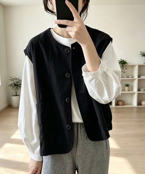 ONEP STAR(ワンピスター)の「ノーカラーボタンデザインベスト(ベスト・レディース・ブラック/ベージュ/カーキ・MEDIUM/LARGE/X-LARGE)」の16枚目の写真