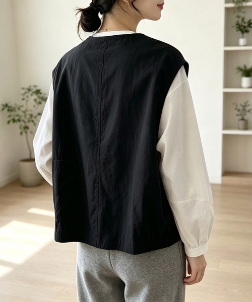ONEP STAR(ワンピスター)の「ノーカラーボタンデザインベスト(ベスト・レディース・ブラック/ベージュ/カーキ・MEDIUM/LARGE/X-LARGE)」の17枚目の写真