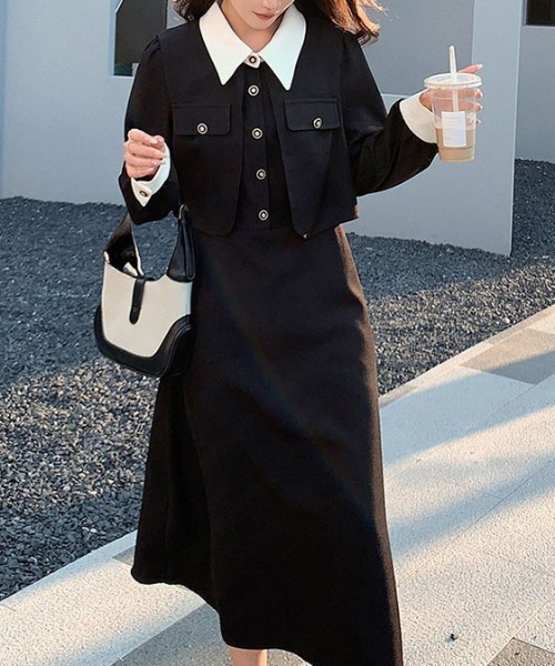 &soiree(アンドソワレ)の「バイカラーフレンチミディ丈長袖ワンピース(ワンピース・レディース・ブラック・MEDIUM/X-LARGE/LARGE)」の2枚目の写真
