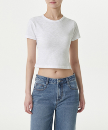 ウィメンズスラブスリムクロップクルーネックTシャツ[ホワイト]