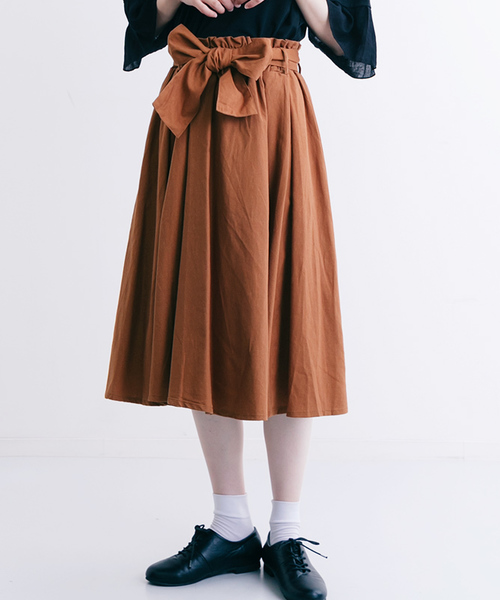 MERLOT(メルロー)の「綿麻ウエストリボンフレアスカート1001(スカート・レディース・ブルー/ベージュ/イエロー/ブラック/グリーン/ピンク/キャメル/レッド・FREE)」の6枚目の写真