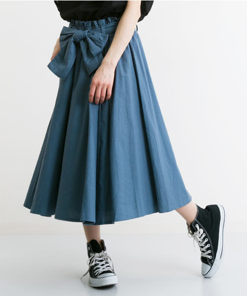MERLOT(メルロー)の「綿麻ウエストリボンフレアスカート1001(スカート・レディース・ブルー/ベージュ/イエロー/ブラック/グリーン/ピンク/キャメル/レッド・FREE)」の5枚目の写真