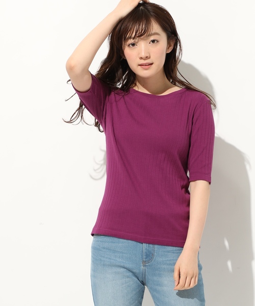 ボートネック5分袖コットンリブTシャツ 半袖 無地 カジュアル シンプル 夏 オーバーサイズ コットン クルーネック(丸首) デコルテ見せ 薄手 綿 きれいめ  春夏 新着 韓国 プチプラ