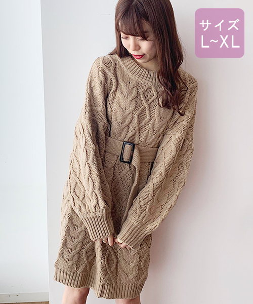 apres jour（アプレジュール）の「【大きいサイズ】ベルト付きケーブルニットワンピース【ZOZOTOWN限定アイテム】19AW★（ワンピース・レディース・ベージュ/ボルドー/モカ/ラベンダー/ライトベージュ/ダークブラウン・X-LARGE）」の11枚目の写真