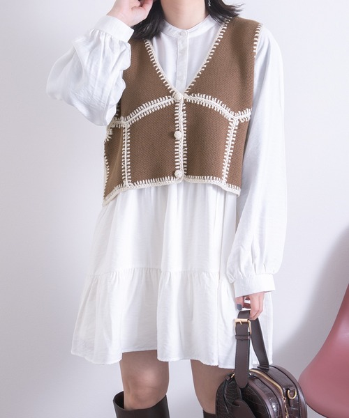 PairPair（ペアペア）の「配色パッチワークベスト(レディース/リンクアイテム)（ベスト・レディース・ブラウン・FREE）」の2枚目の写真