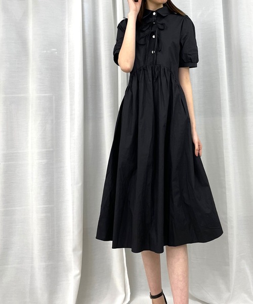 Twinkle;pm（トゥインクルピーエム）の「前リボン半袖シャツワンピース（ワンピース・レディース・ホワイト/ブルー/ブラック・FREE）」の2枚目の写真